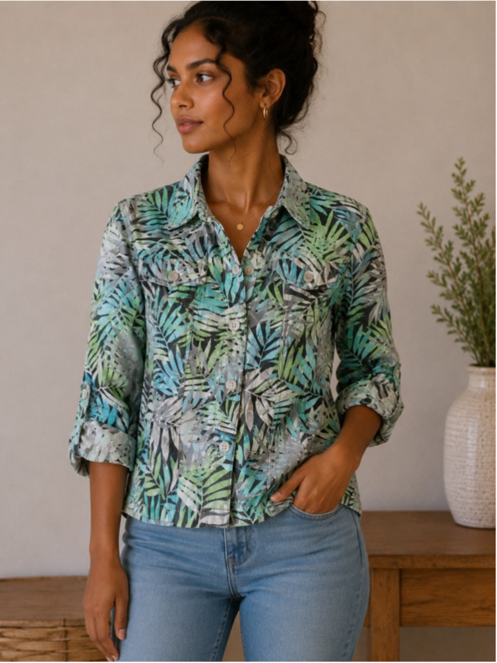 Women's Ruby Rd. Tropical Print Jacket Green/Blue Size 10 Summer